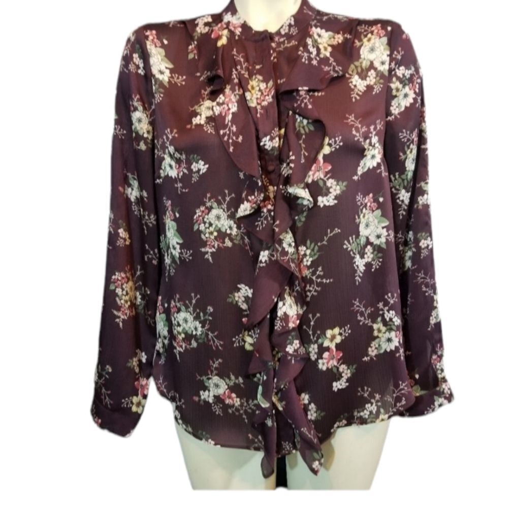 Vince Camuto Burgundy Floral Long Sleeve Exaggerated Ruffle Front Blouse Size Sm
